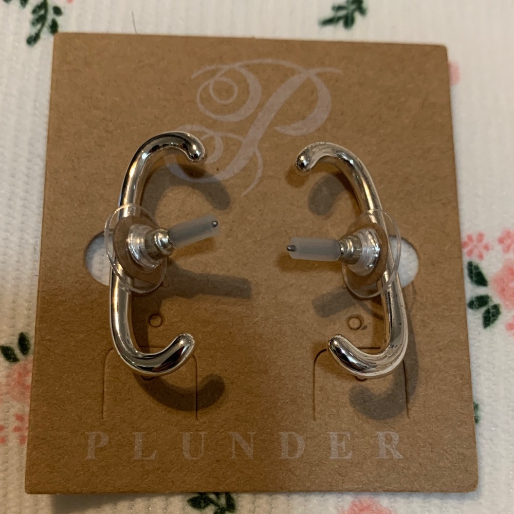 Plunder Shiny Silver Tone Curved Earrings - Picture 1 of 2